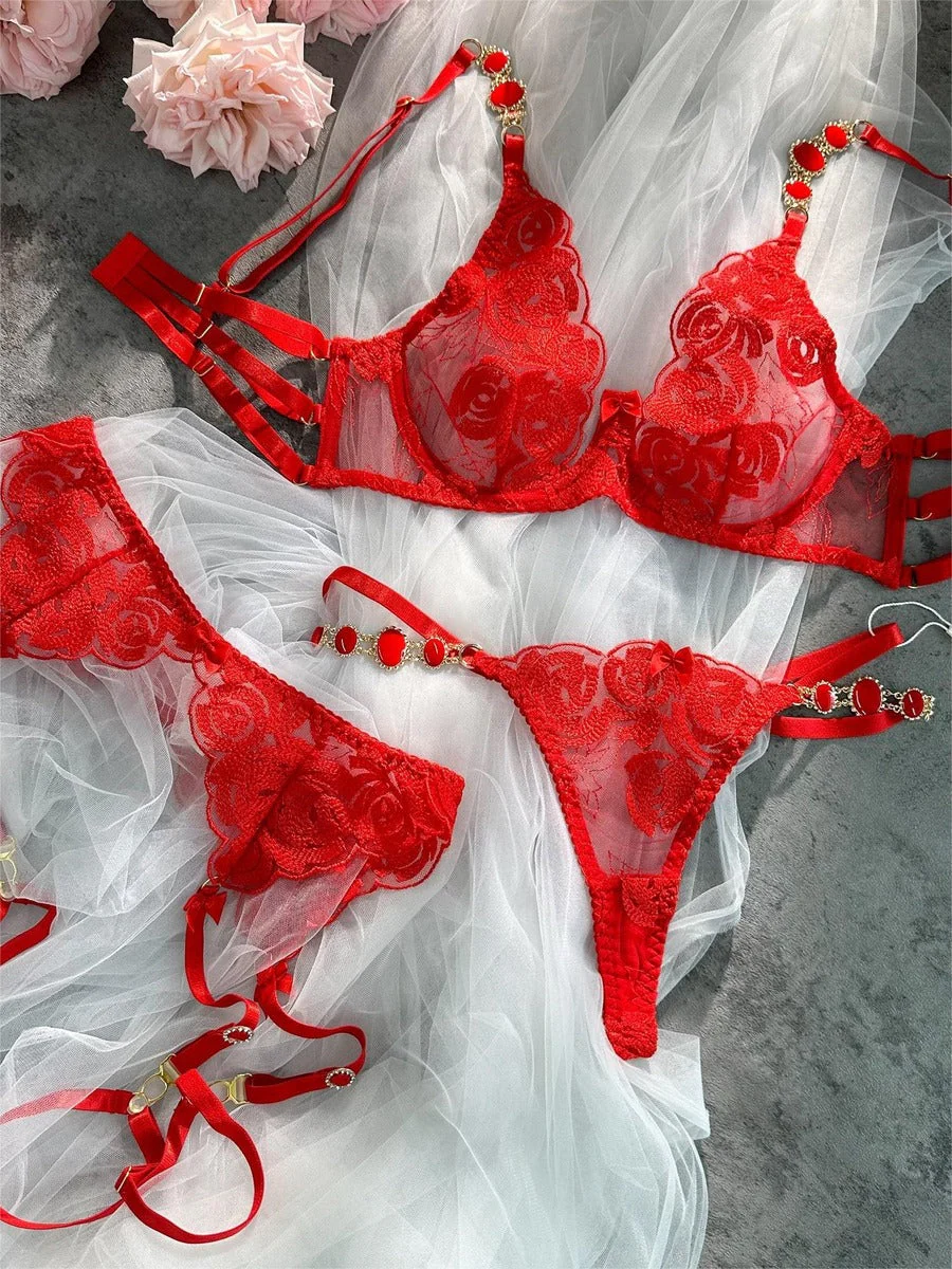 Red Embroidered Sexy Push Up Lingerie Set - Image 19