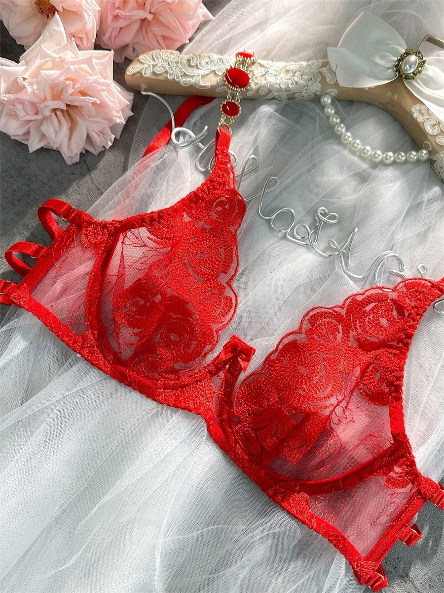 Red Embroidered Sexy Push Up Lingerie Set - Image 20