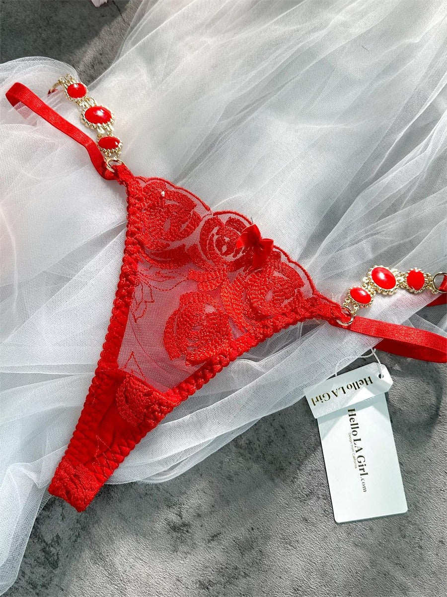 Red Embroidered Sexy Push Up Lingerie Set - Image 21