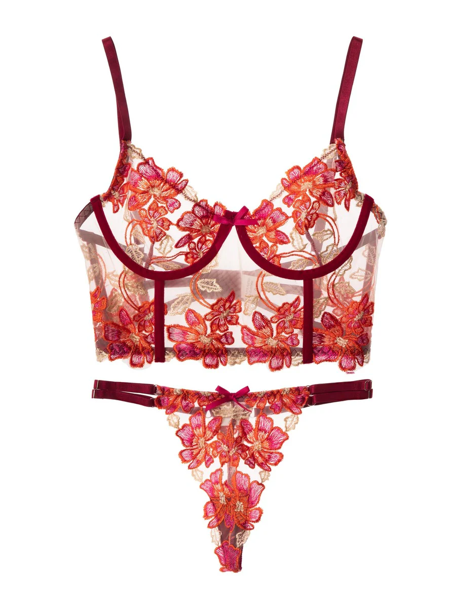 Red Floral Embroidery Bustier Straps Lingerie Set - Image 4