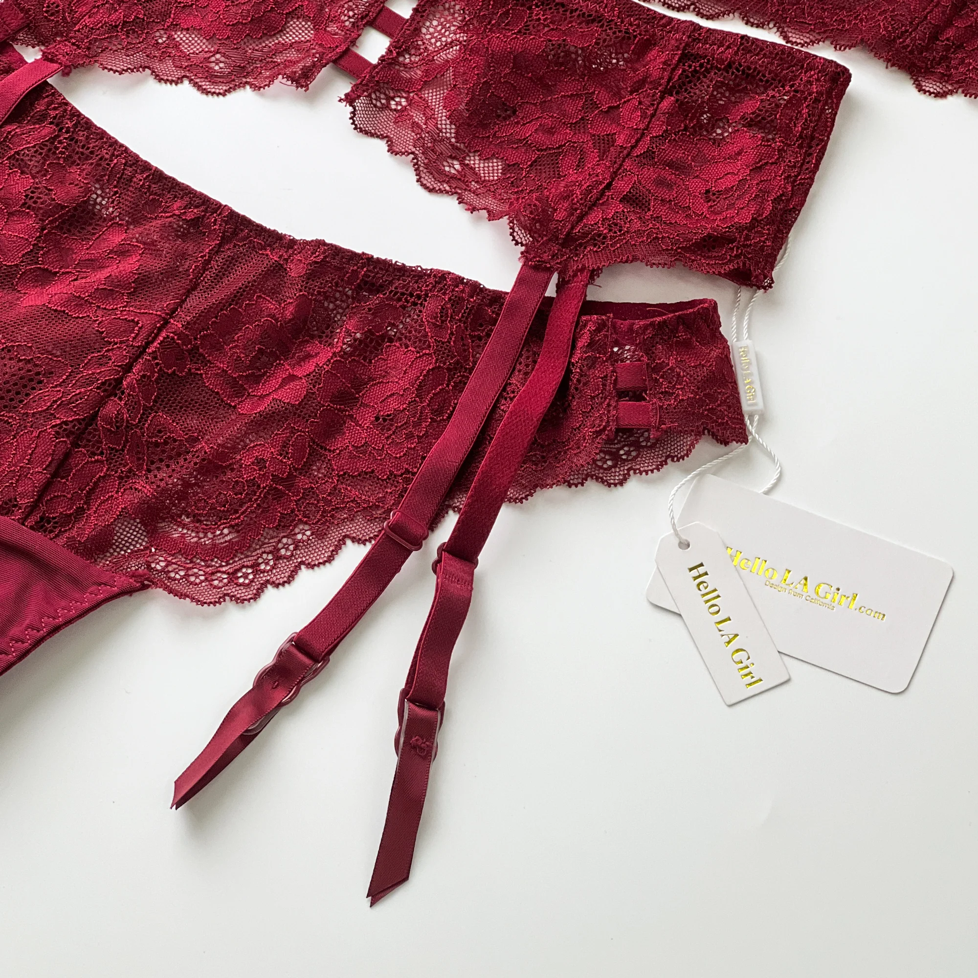 Red Floral Lace Trim Garter Belt Lingerie - Image 3