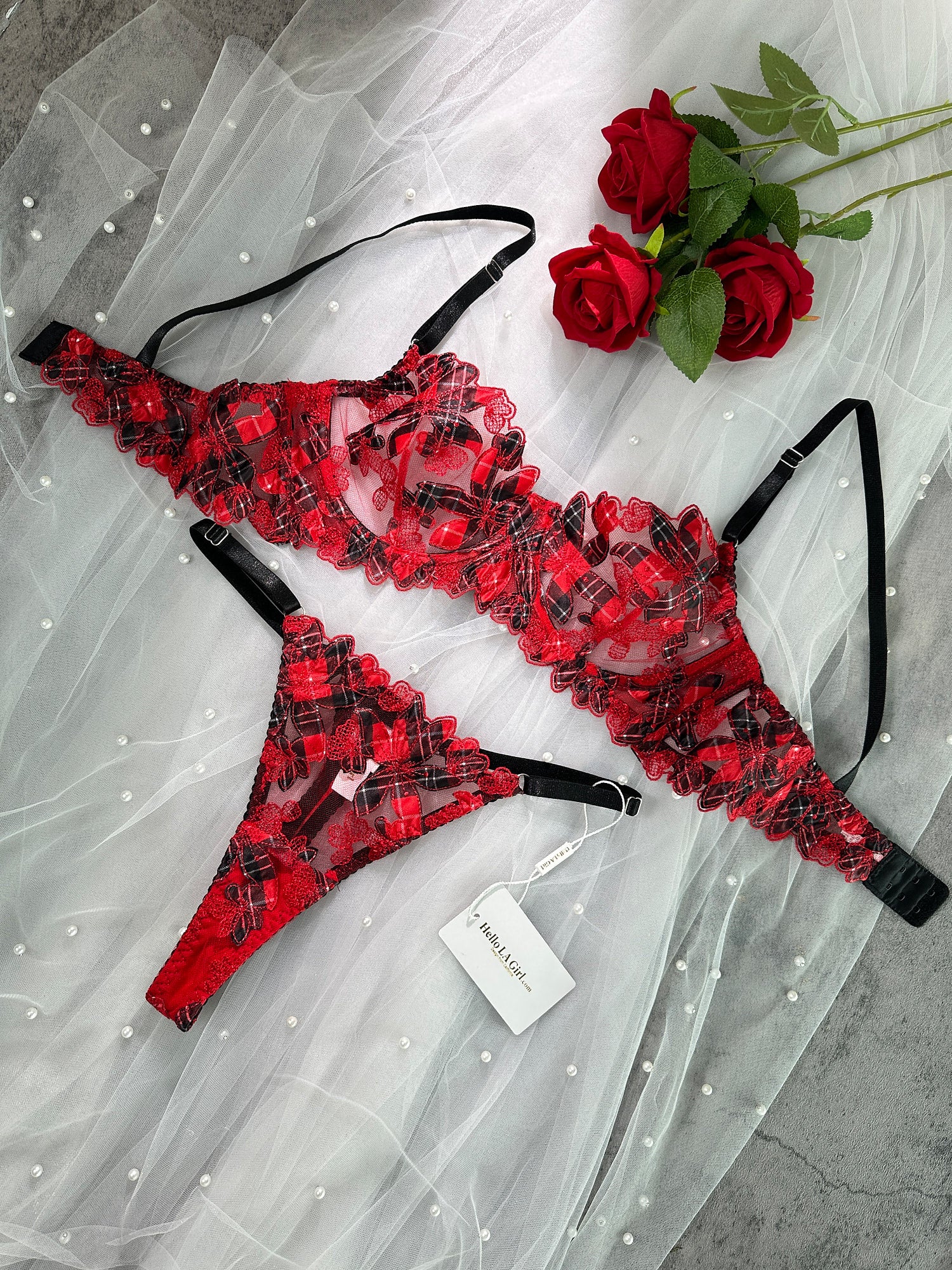 Red Tartan Flower Lingerie Set - Image 10