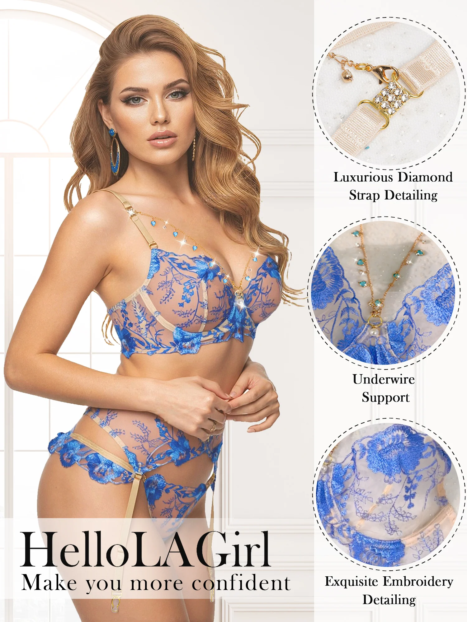 Azure Bloom Chain-Detail Embroidered Lingerie Set - Image 4