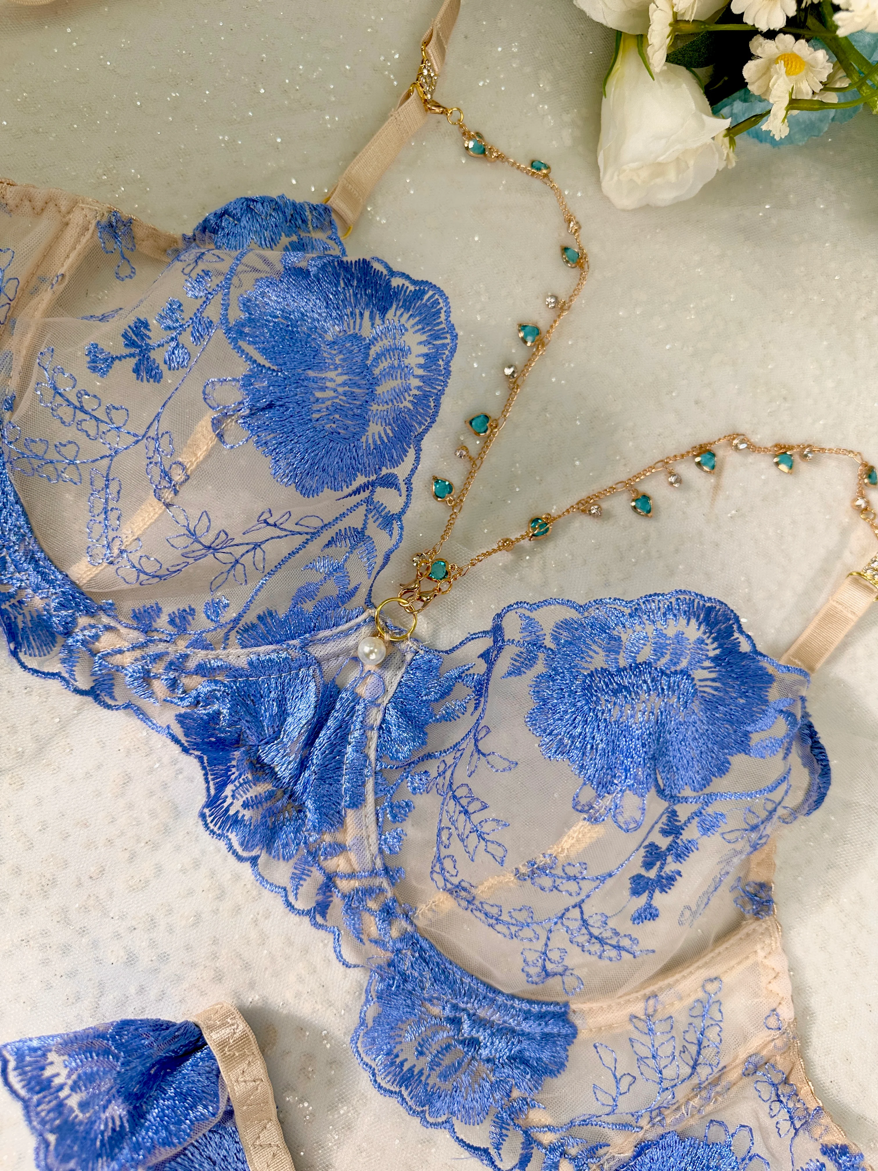 Azure Bloom Chain-Detail Embroidered Lingerie Set - Image 6