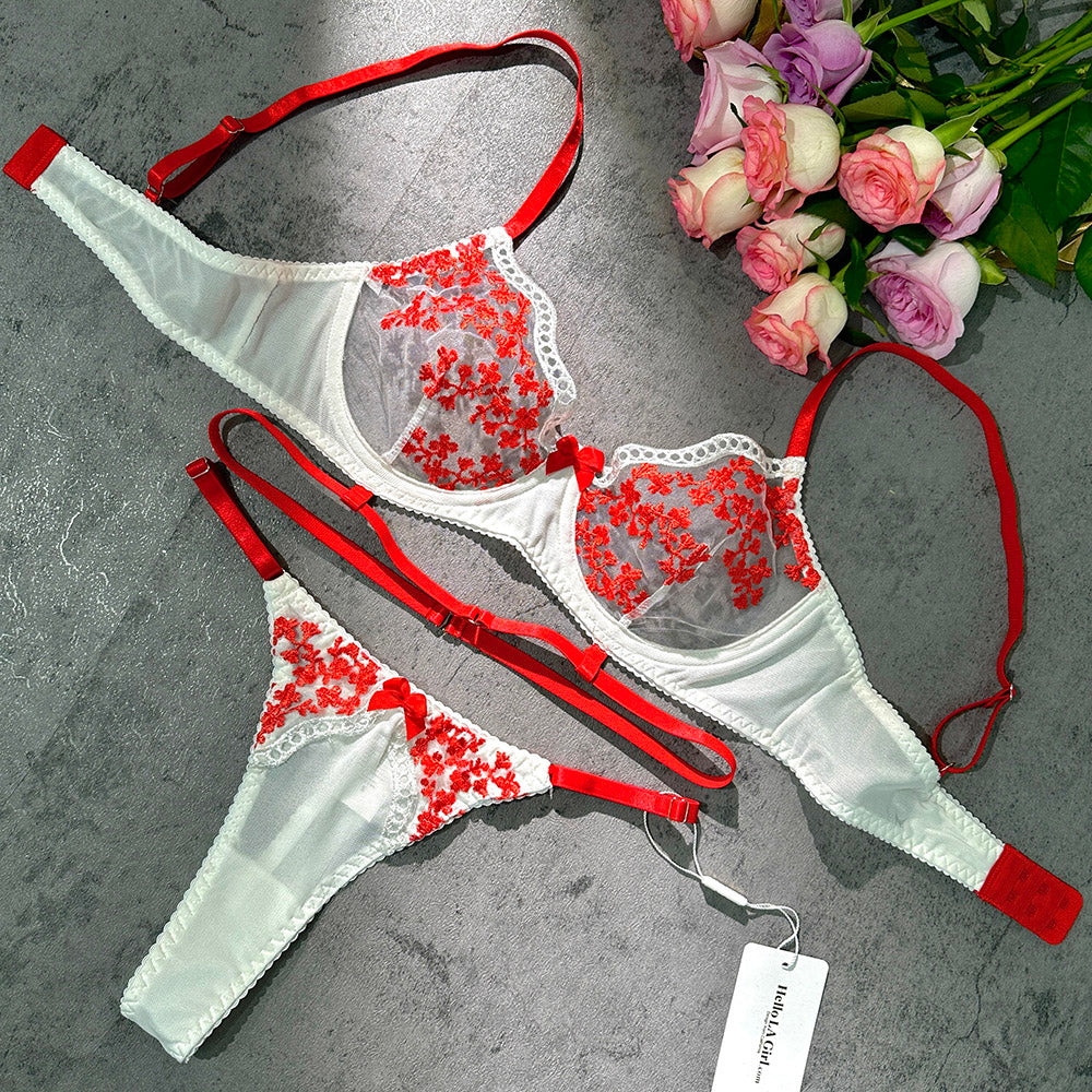 Scarlet Floral Embroidery Sheer Lingerie Set - Image 6