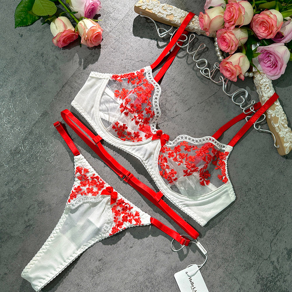 Scarlet Floral Embroidery Sheer Lingerie Set - Image 8