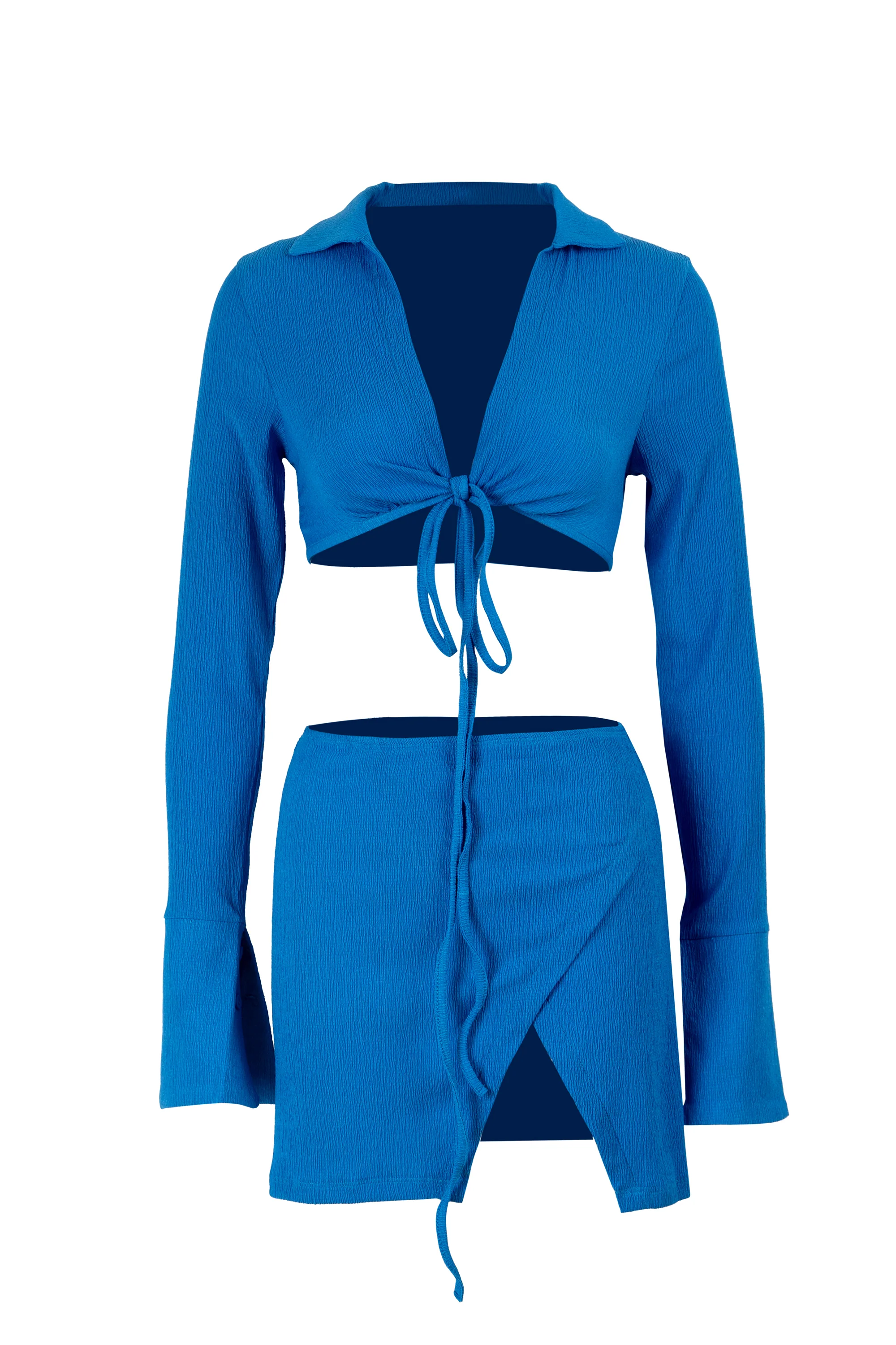 Solid Blue Long Sleeve Lace up Tops With Split Half Dress - Image 4