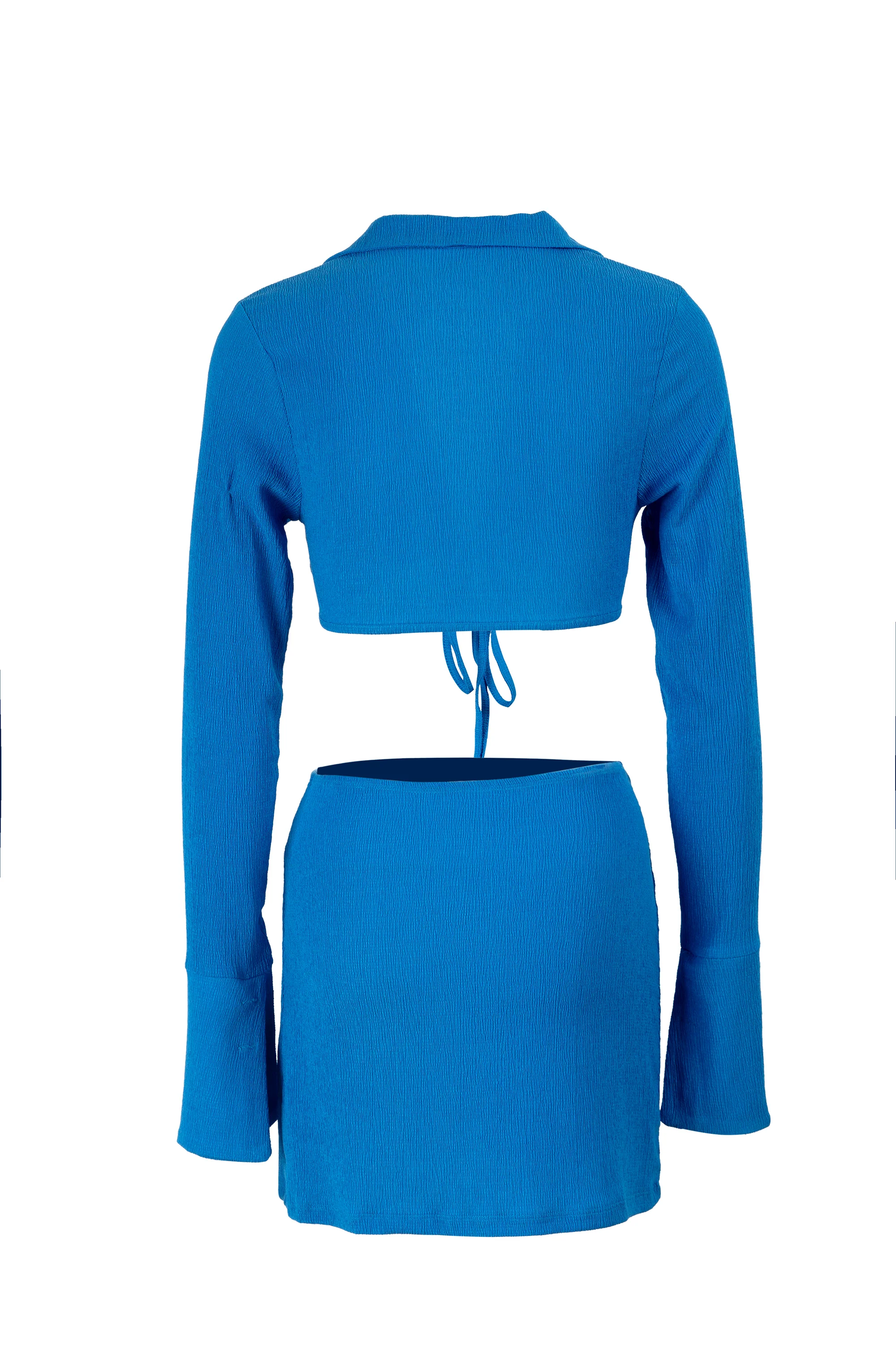 Solid Blue Long Sleeve Lace up Tops With Split Half Dress - Image 5