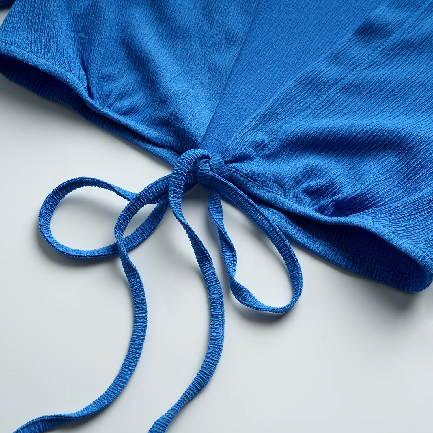 Solid Blue Long Sleeve Lace up Tops With Split Half Dress - Image 7