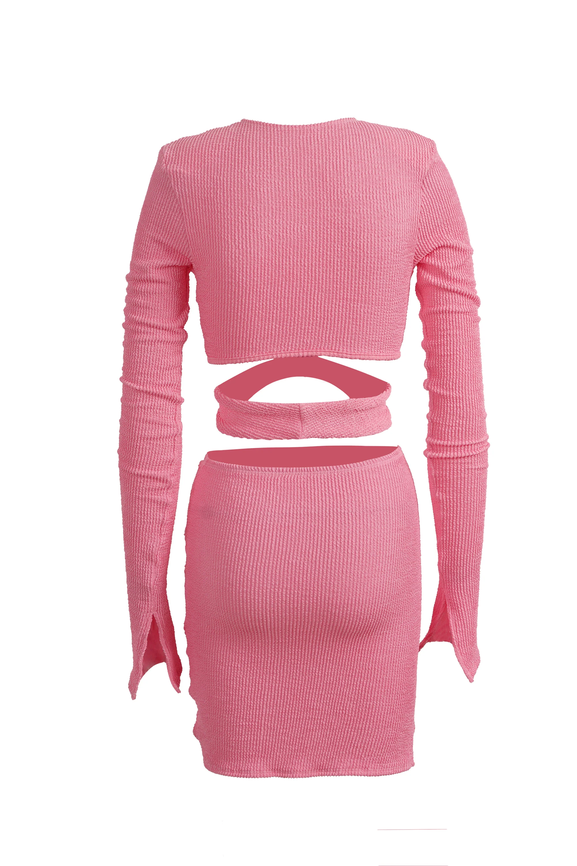 Solid Pink Long Bell Sleeve Two-piece Stretchable Dress - Image 8