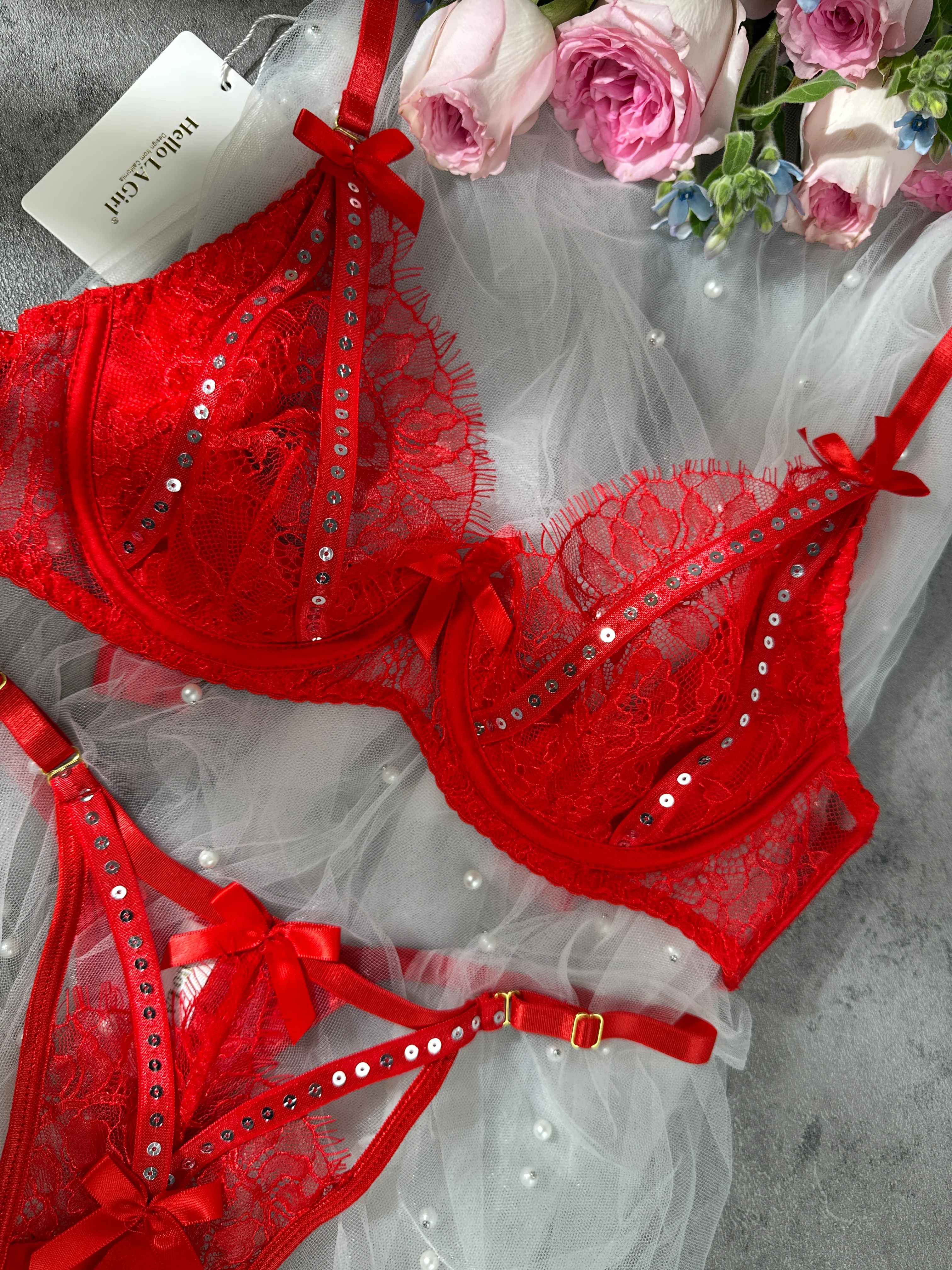 Sparkling Soft Red Lace Lingerie Set - Image 10