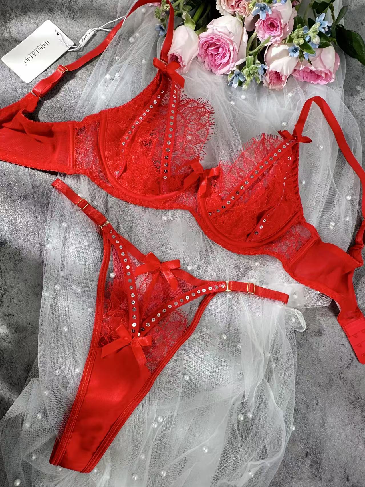Sparkling Soft Red Lace Lingerie Set - Image 9