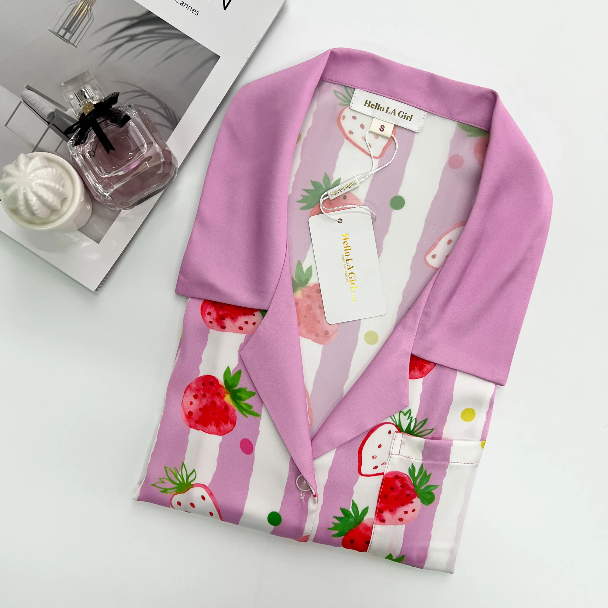 Strawberries Print Pink Stripes Sleep Shirt Silky Satin Pajamas Sleepshirt - Image 10