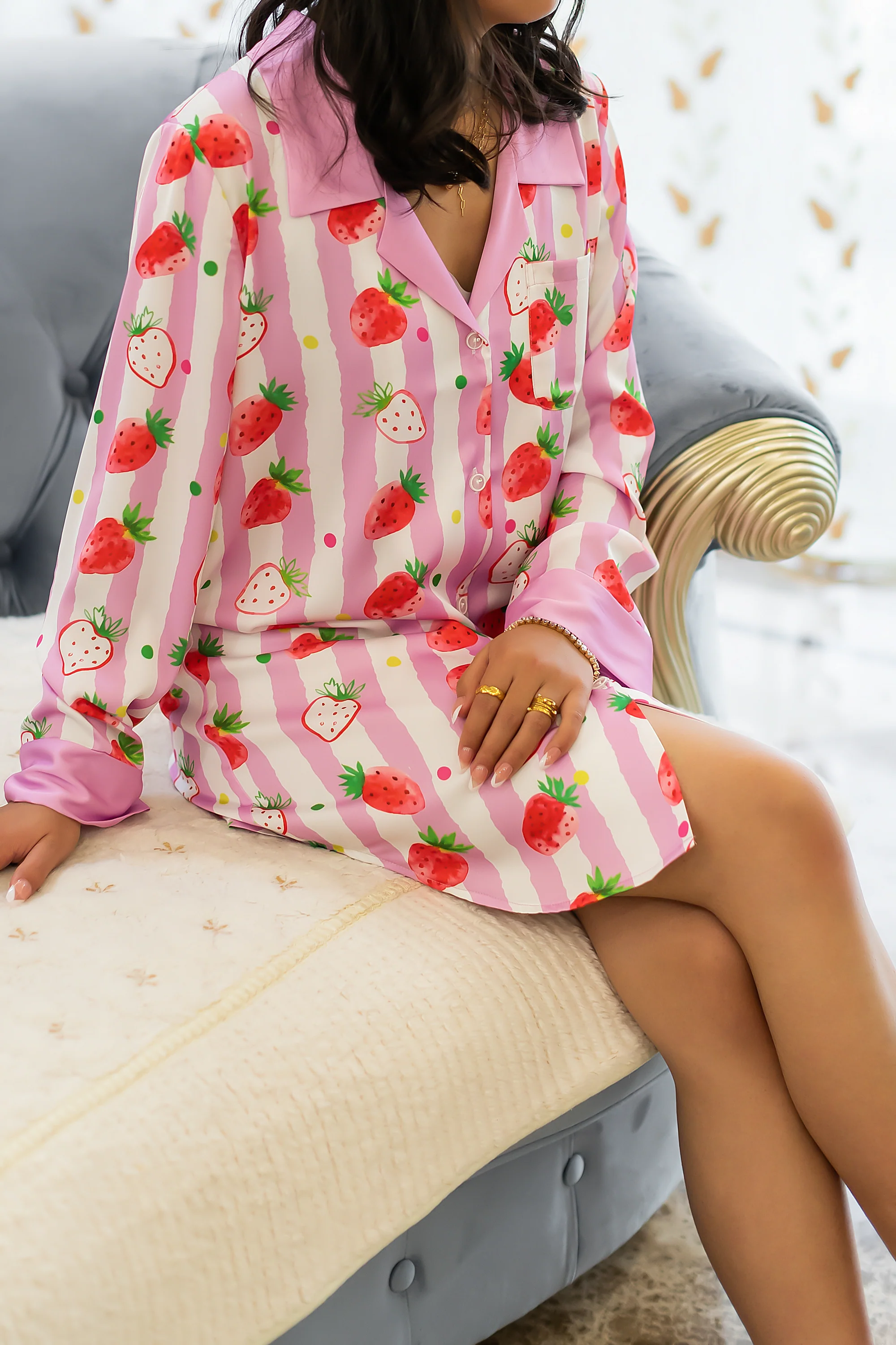 Strawberries Print Pink Stripes Sleep Shirt Silky Satin Pajamas Sleepshirt - Image 3