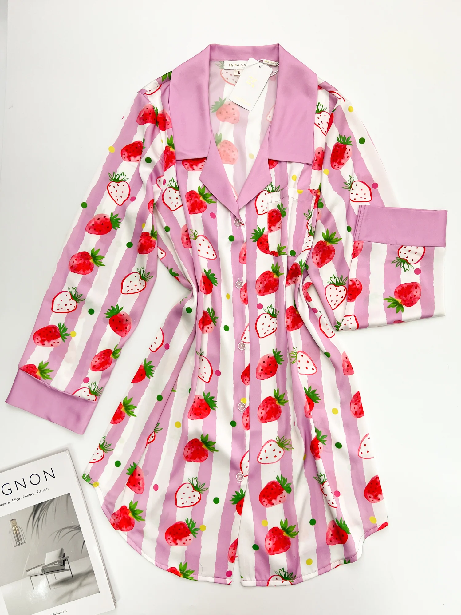 Strawberries Print Pink Stripes Sleep Shirt Silky Satin Pajamas Sleepshirt - Image 4