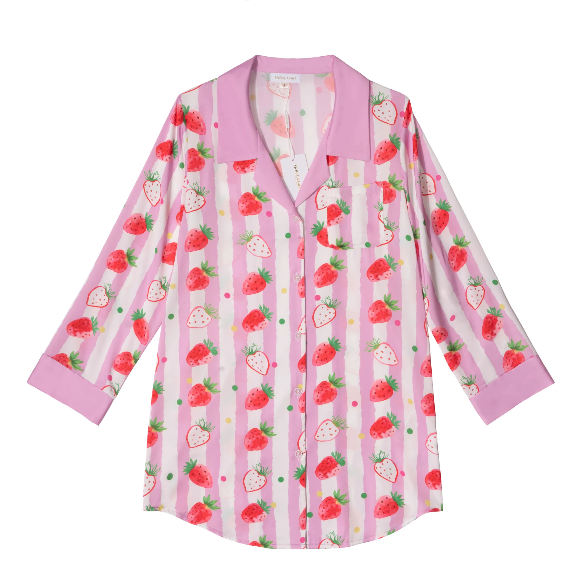 Strawberries Print Pink Stripes Sleep Shirt Silky Satin Pajamas Sleepshirt - Image 6