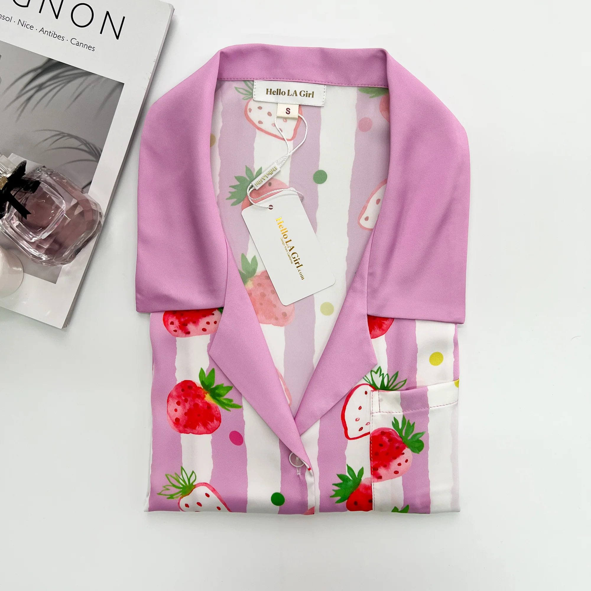Strawberries Print Pink Stripes Sleep Shirt Silky Satin Pajamas Sleepshirt - Image 9