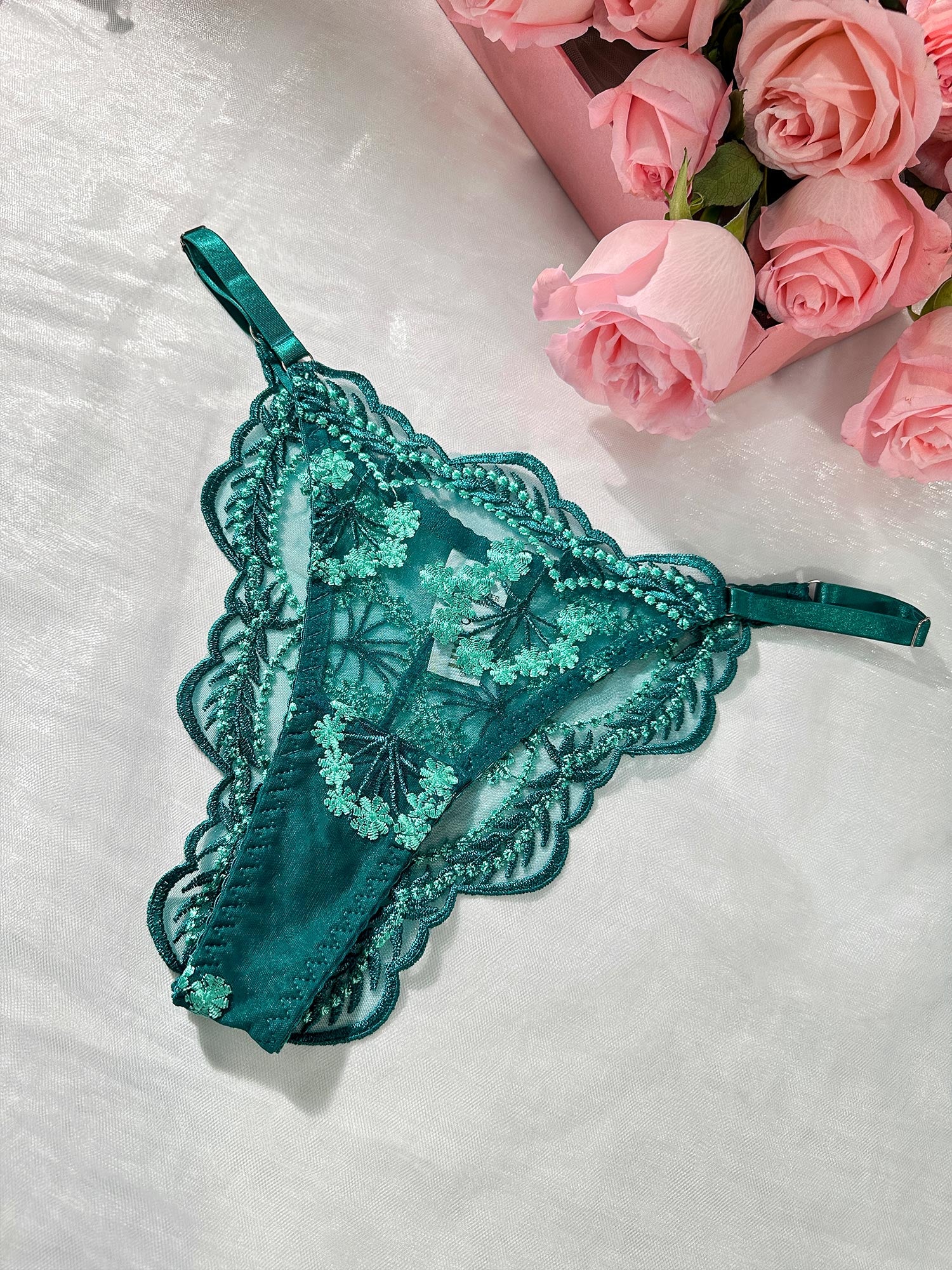 Vintage Turquoise Satin Embroidered Thong - Image 2