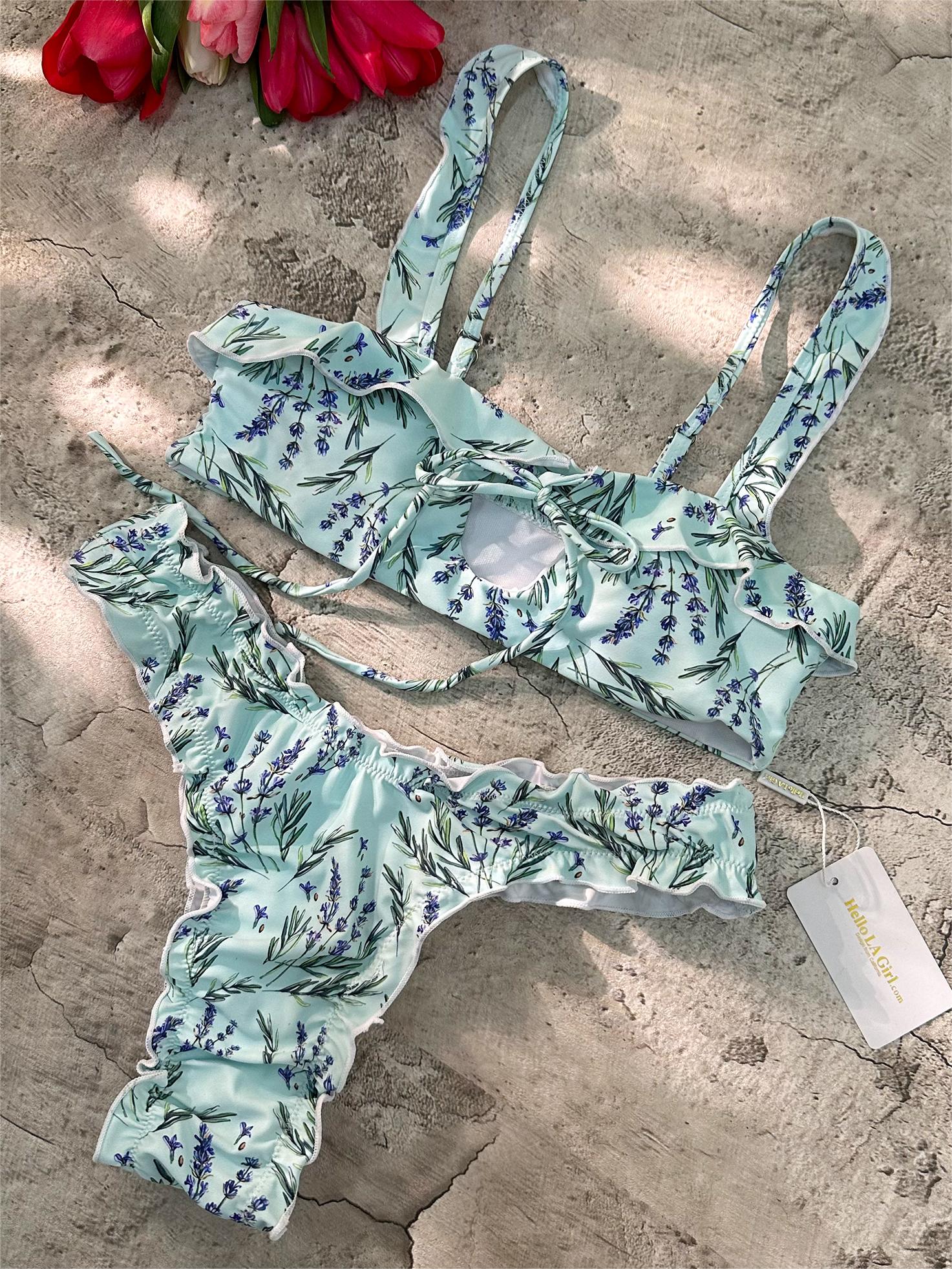 Wheat Digital Printing Lace Push Up Hollow Bikini Set - Image 5
