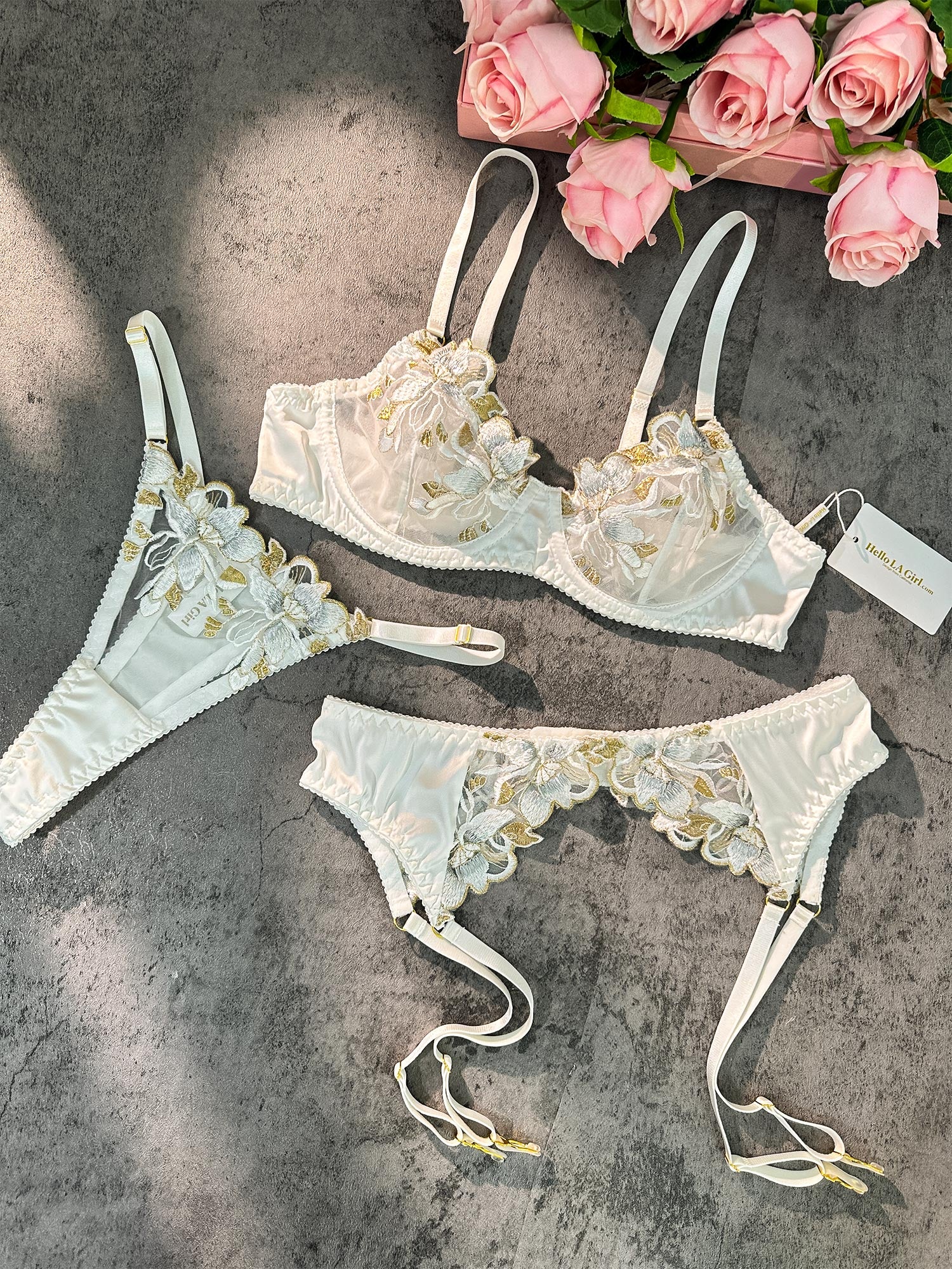 White &Gold Thread Embroidered Lingerie Set - Image 13