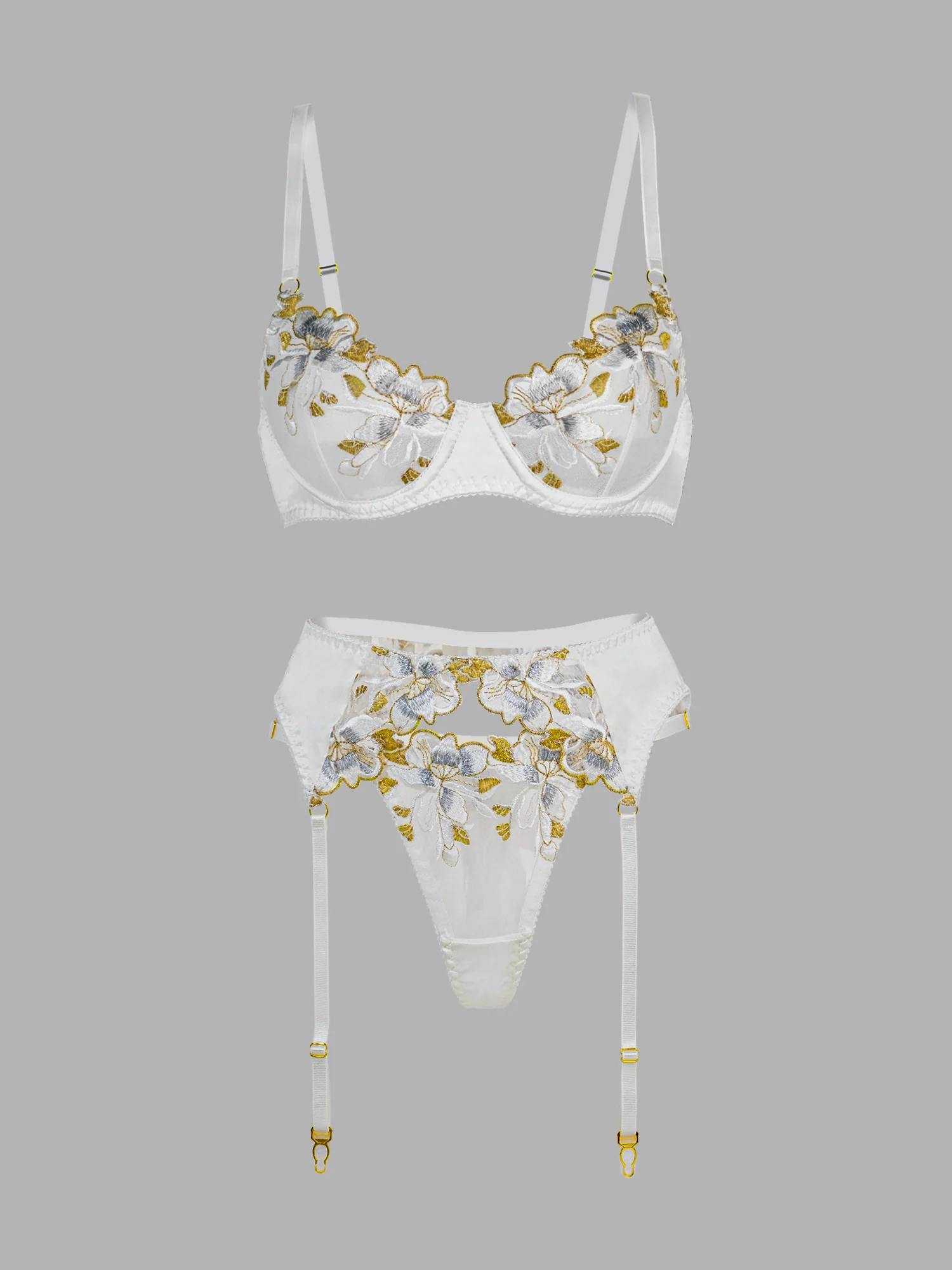 White &Gold Thread Embroidered Lingerie Set - Image 14