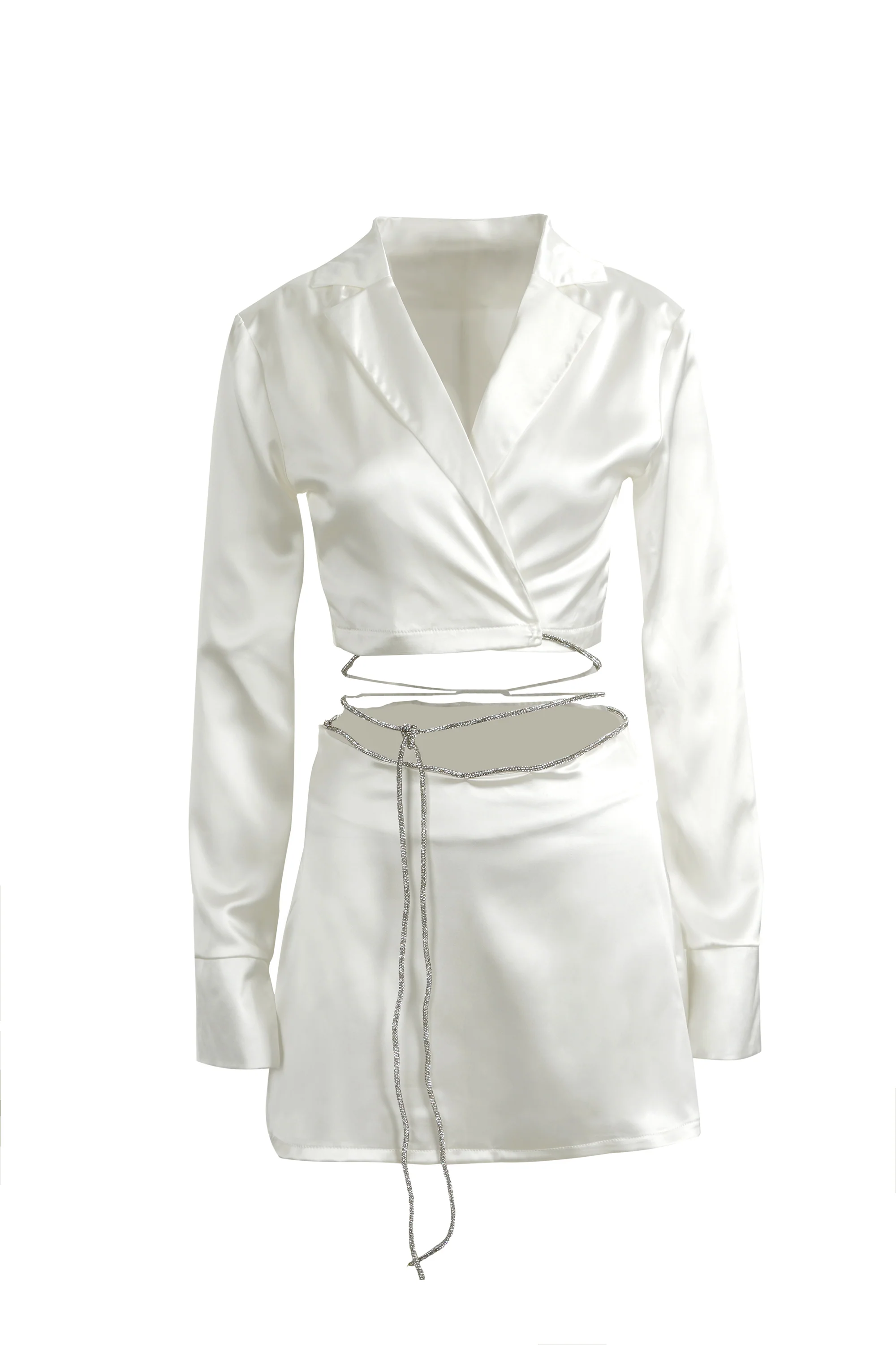 White Satin Silver Diamond Crop Top - Image 3