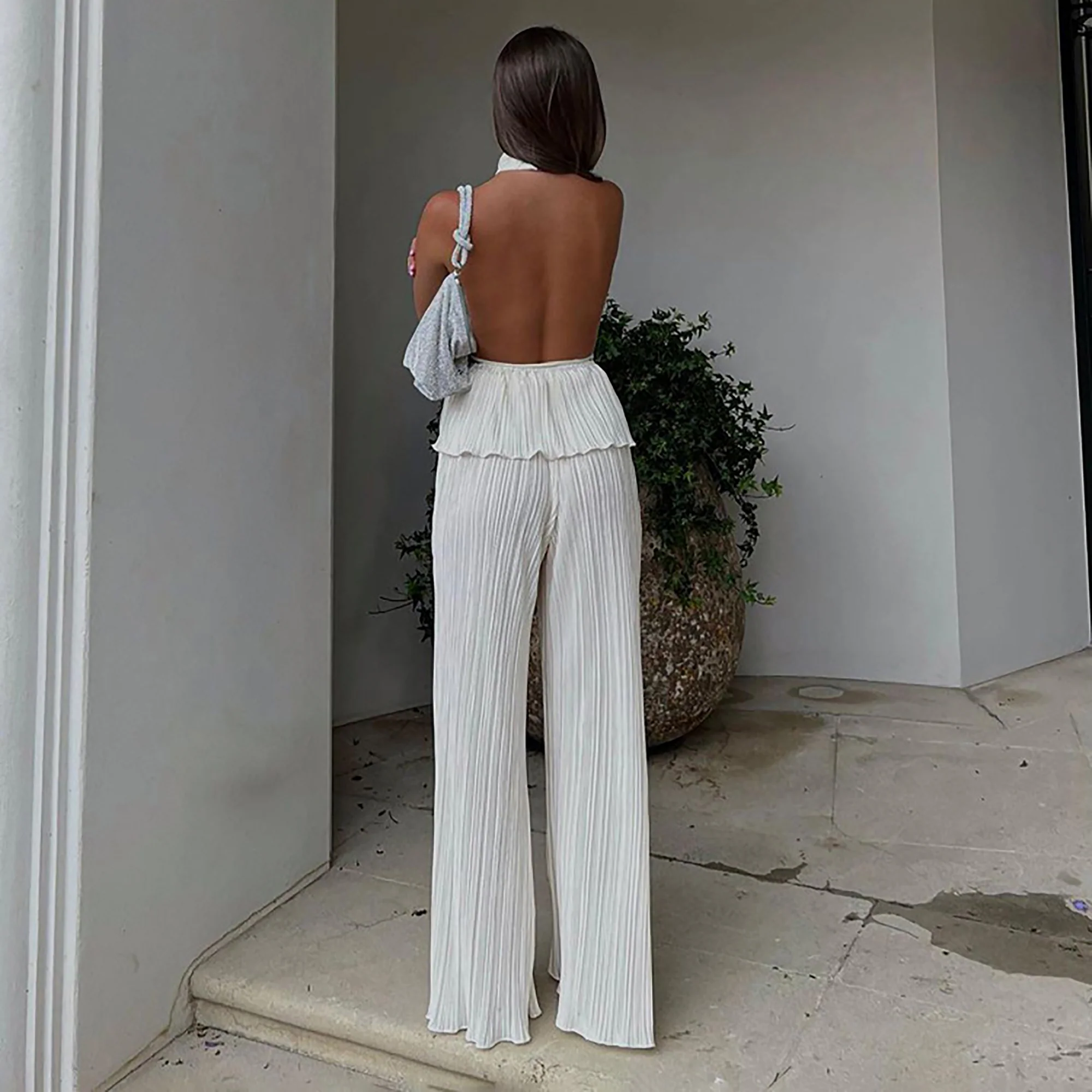 White Solid High Waist Pleated Wide-Leg Pants - Image 3