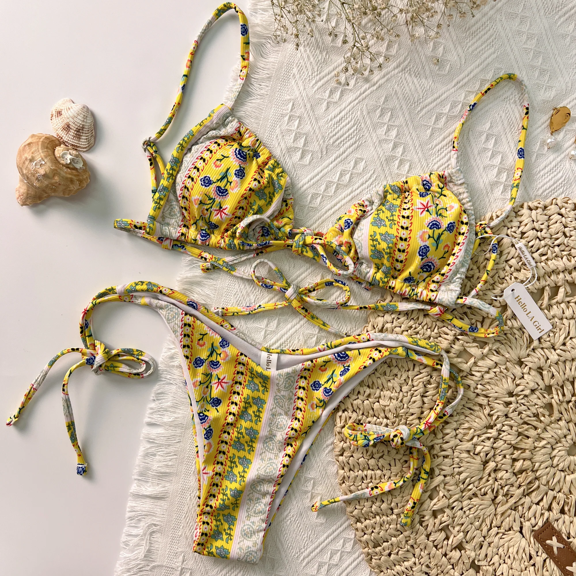 Yellow Bohemia Print Straps Bikini Set - Image 5