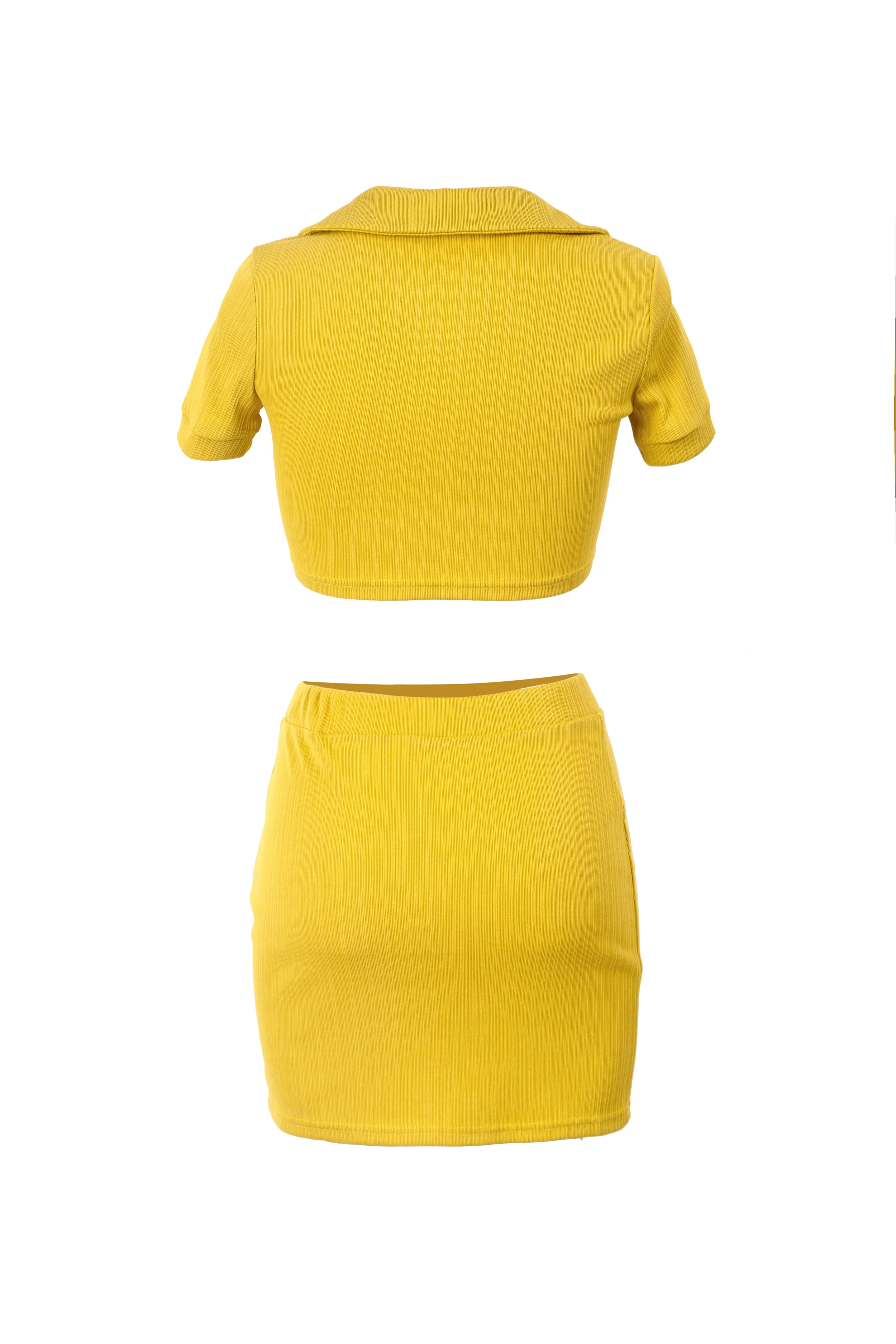 Yellow Solid Ribbed Polo Neck Buttons Crop Top With Slit Mini Dress - Image 3
