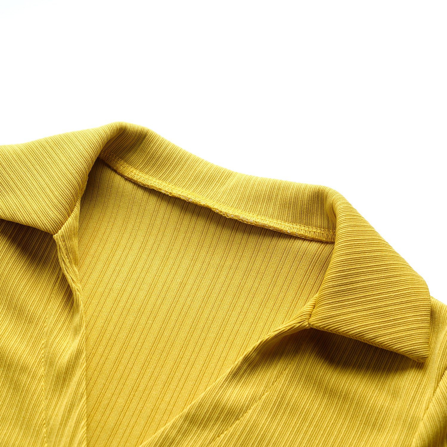 Yellow Solid Ribbed Polo Neck Buttons Crop Top With Slit Mini Dress - Image 4